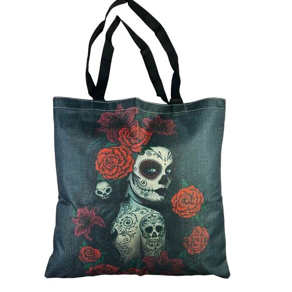 Day of the Dead Sugar Skull Roses Canvas Double Handle Tote Bag - Picture 1 of 3